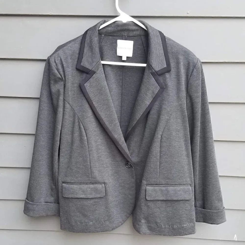 Catherine Malandrino Charcoal one Button Blazer with Black Trim and Cuffs